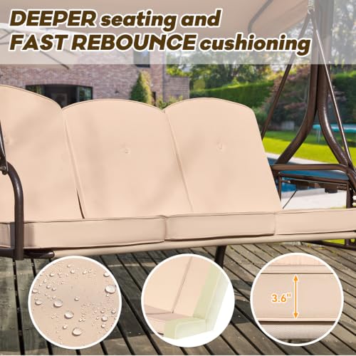 Image of 3 in 1 Outdoor Porch Swing with Adjustable Canopy, 3 Seat Outdoor Swing for Adults, Patio Swing Chair with Thickened Cushions,Pillows & Cup Holders for Backyard, Porch, Garden (Khaki)