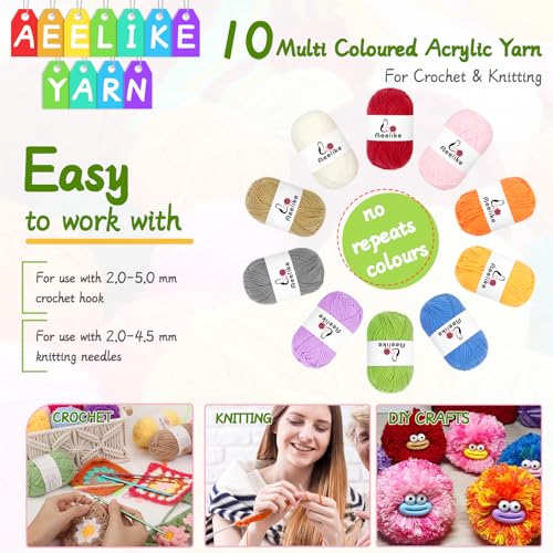 Aeelike Acrylgarn-Set, 10x25g (250g, 700m), 10 Farben, ultraweich, Anti-Pilling, für Häkeln & Stricken – Bild 3