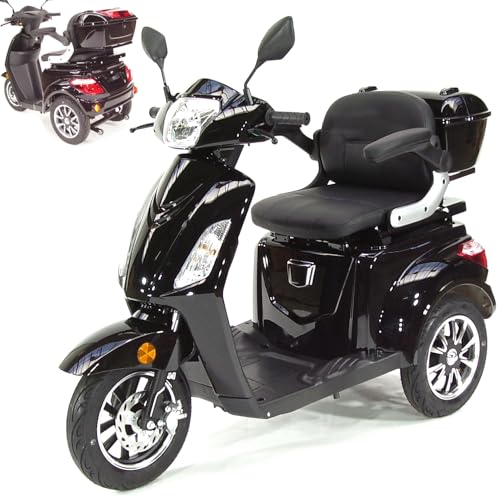 Elektromobil Seniorenmobil 25 km/h Trike für Senioren E-Scooter Dreirad-Elektroroller Schwarz mit Topcase und Rückenlehne