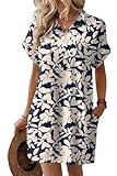 HOTOUCH Solid Color Casual Dress for Women Summer Beach Short Sleeve Button Up Collar Dress Trendy Loose Dresses Blue Leaf Print XXL