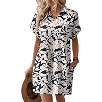 HOTOUCH Woemns Casual Loose Summer Dress Beach Button Down Short Sleeve Vacation Dress Fashion Shift Dresses Blue Leaf Print L