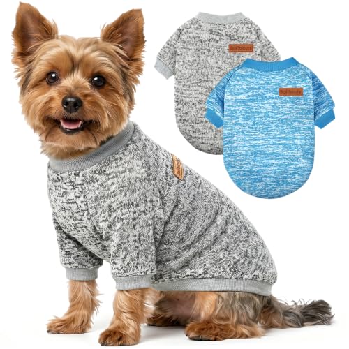 Image of 2 Pack Dog Sweaters for Small Dogs Girl Boy Winter Fleece Clothes Warm Soft Dog Sweatshirt Outfit for Dogs Cats Pet Apparel (Grey+Light Blue, M (Back: 13.7 inch,Chest: 17.7 inch, 10-14Ibs))