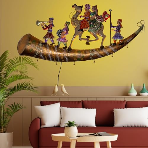 Handcrafted Rajasthani Trumpet Horn Metal Wall Decor with LED Lights – Ethnic Raja Royal Procession Showpiece for Living Room, Bedroom, Hallway (37x17 in) — photo — 2 of 9
