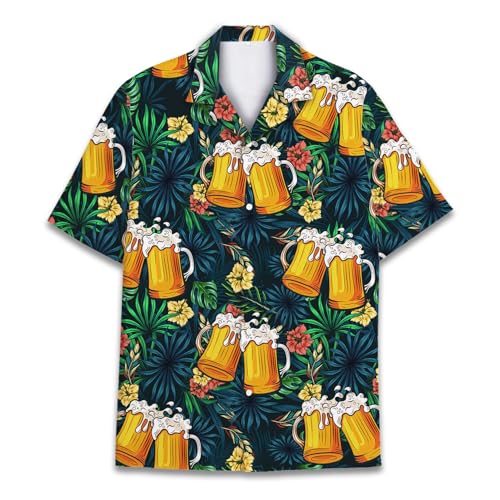 HIHI GLOBAL Hawaii-Hemd für Herren und Damen, lustiges Hawaiihemd für Herren, Sommer, Strand, Aloha, kurzärmelig, lässig, Button-Down, Bier, L
