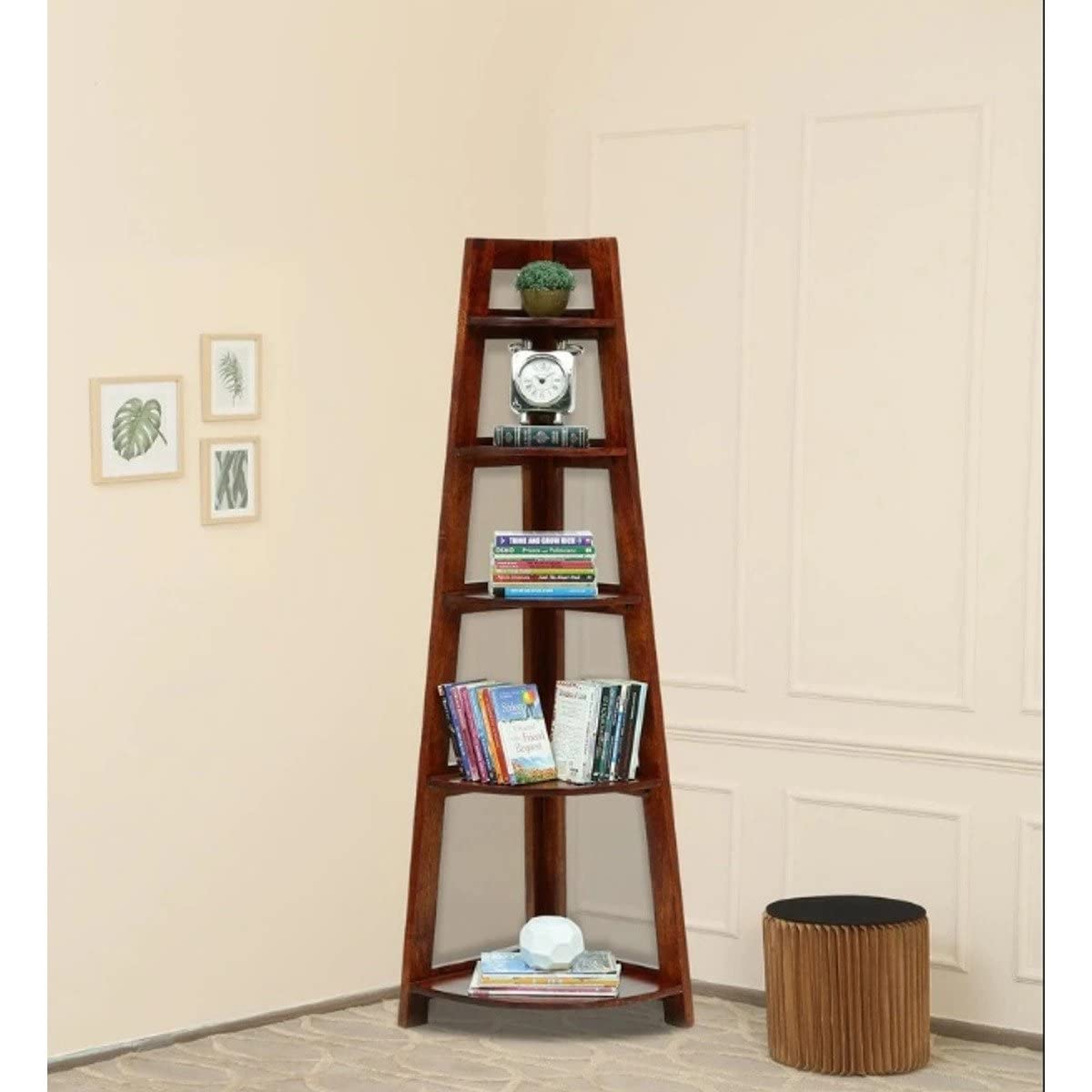 Ramdoot Furniture Sheesham Wood Floor Standing Shelf | Corner Shelf for Living Room | Wooden Corner 5 Tier Ladder Shelves | Corner Home Decor Bookcase | Corner Shelf for Office | Honey Oak Finish-image-45