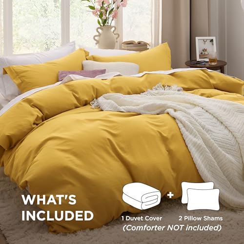 Image of Bedsure Mustard Yellow Duvet Cover Full Size - 3 Pieces Prewashed Extra Soft Cotton-Like Polyester Bedding Set, Includes 1 Duvet Cover 80x90 Inches with Zipper Closure & 2 Pillow Shams, No Comforter