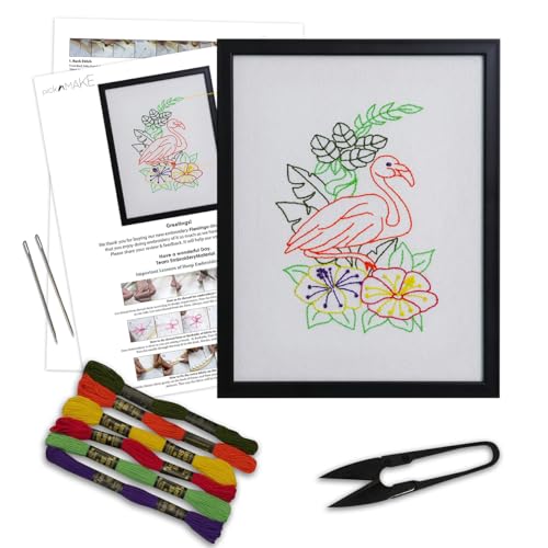 Image of picknMAKE Hand Cross Stitch Embroidery Kits for Beginners Adults with Cloth Fabric, Framed Pattern of Flamingo on White Fabric to do Embroidery with Instruction and All Material Included