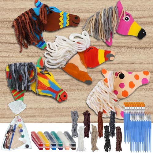 BGick Horse Party Favors Birthday Supplies24 Pcs Wooden Horse Craft Painting KitUnicorn OrnamentDIY Cowboy Craft Gift TagsUnfinished Wooden Cutouts(25 Gift Bags + 48 paintbrushes)