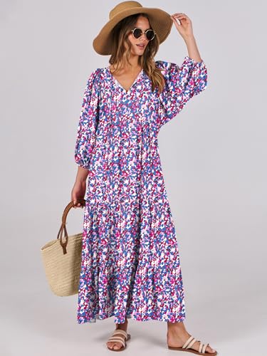 Image of ANRABESS Womens Boho Floral 3 /4 Puff Sleeve Maxi Dress | Tiered Flowy Loose Fit, Comfy Soft Rayon Fabric, Wedding Guest Church Beach, Modest Elegant, Spring Summer Fall Outfits