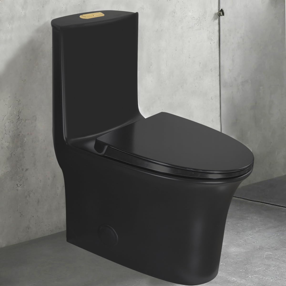 WinZo WZ5020BG Elongated One Piece Toilet Dual Flush 1.1/1.6 GPF Standard Height for Modern Bathroom,Matte Black with Glossy Gold Push Button