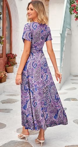 Image of WNEEDU Women's Summer Maxi Dress Short Sleeves Wrap V Neck Long Dresses with Pockets