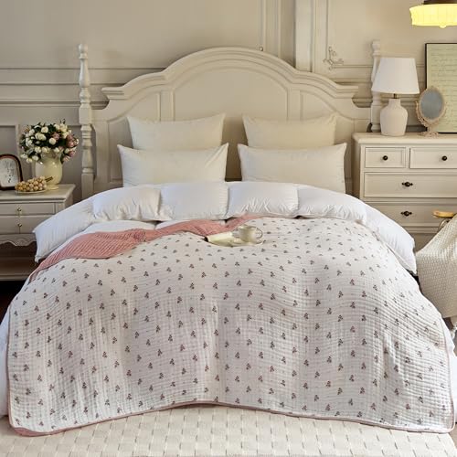 Cotton Muslin Blankets for Adults Queen Pink Floral Bedspread 6-Layer Gauze