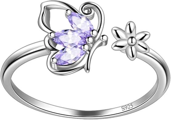 Hipunk Butterfly Birthstone Rings - Women 925 Sterling Silver Bands Statement Birth Stone Animal Butterflies Adjust Ring Crystal Birthday Jewelry