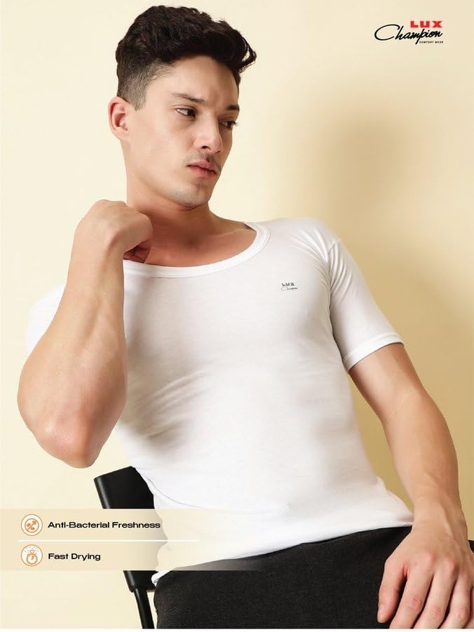 Image of Lux Champion Men's Cotton Vest RNS | 100% Super Combed Cotton | Round Neck, Half Sleeves, Breathable, Sweat-Absorbent Comfortable Lux Vest for Daily Use | Pack of 3