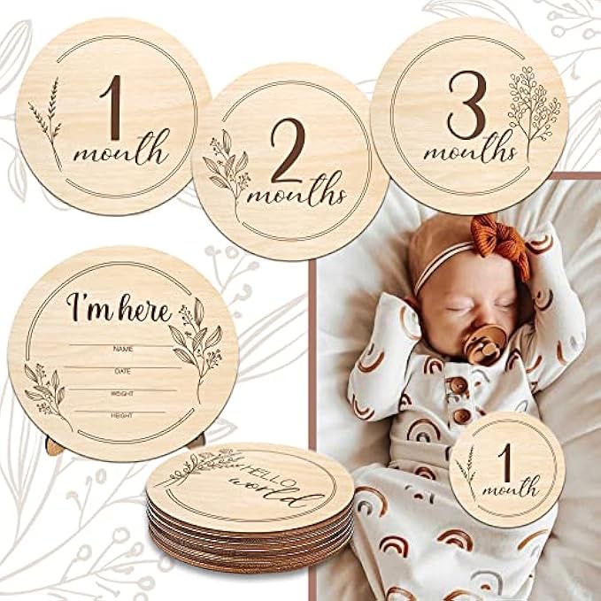 Wooden Baby Monthly Milestone Cards with Birth Announcement Sign, Pregnancy and Baby Shower Gifts for Boys and Girls, Newborn Photography Props
