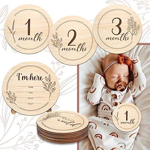 Image of Wooden Baby Monthly Milestone Cards with Birth Announcement Sign, Pregnancy and Baby Shower Gifts for Boys and Girls, Newborn Photography Props