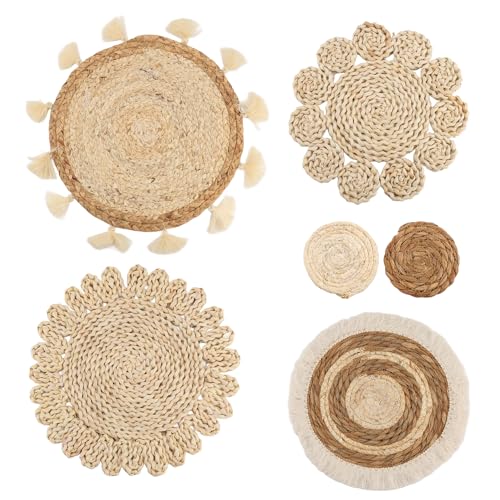 Aboiledy 6-Teiliges Boho-Wandkorb-Set, Geflochtene Rattan-Flachkörbe, Wandbehang, Handgefertigte Quasten, Blumen-Wandkörbe, Sofa-Nachttisch-Dekorationen