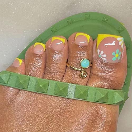 Press on Toenails Short False Toe Nails Glossy Press on Toe Nails Yellow Daisy Acrylic False Toes Nails with Designs Artificial Summer Flower Full Cover Glue on Fake Toe Nails for Women Girls 24PCS