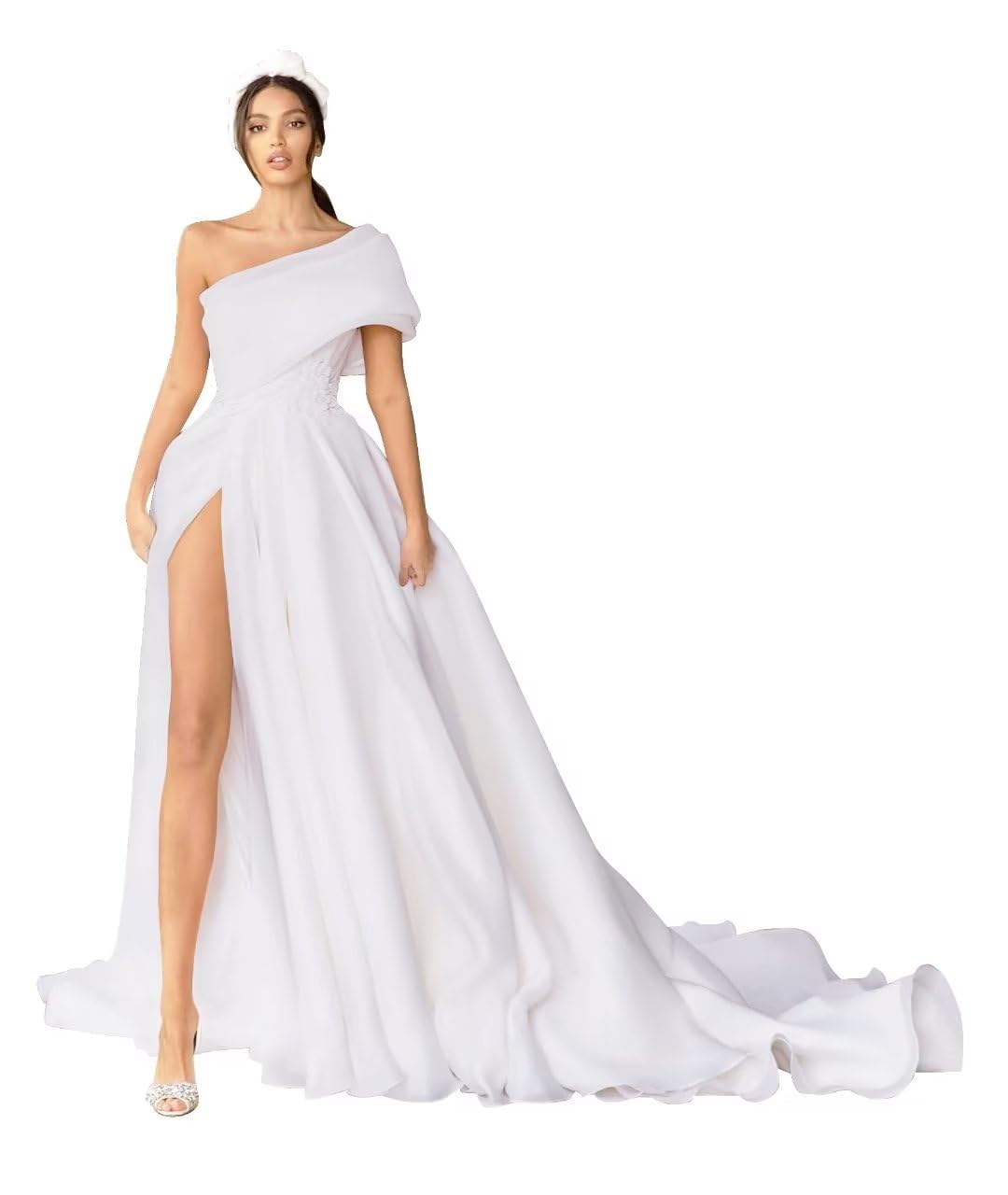 One Shoulder Tulle Wedding Dresses Lace Applique Prom Dresses Long A Line Formal Evening Gowns with Slit