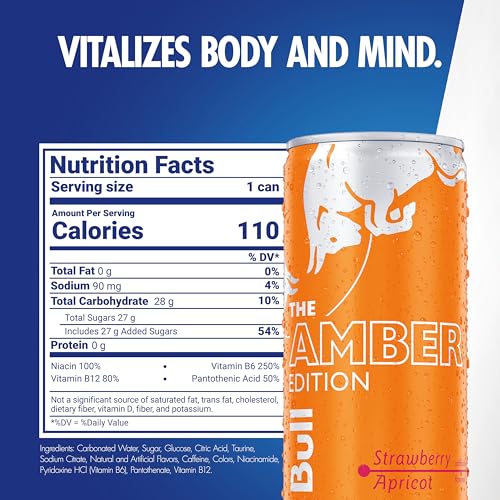 Image of Red Bull Amber Edition Energy Drink, Strawberry Apricot, with 80mg Caffeine plus Taurine & B Vitamins, 8.4 Fl Oz, Pack of 4 Cans