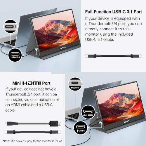 Image of Portable Monitor for Laptop, 15.6-inch FHD 1080P 60Hz IPS Matte Screen, Laptop Screen Extension, USB-C & Mini HDMI, VESA Mount Support, Compatible with PC, MacBook, Switch, PS4 /5, Xbox