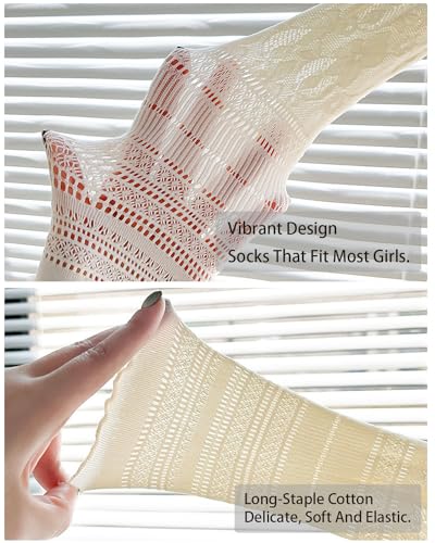 Image of Womens Lace Ankle Socks Mesh Lace Loose Socks Cute Casual Solid Color Princess Socks Sheer Dress Socks 6 Pairs 4-9