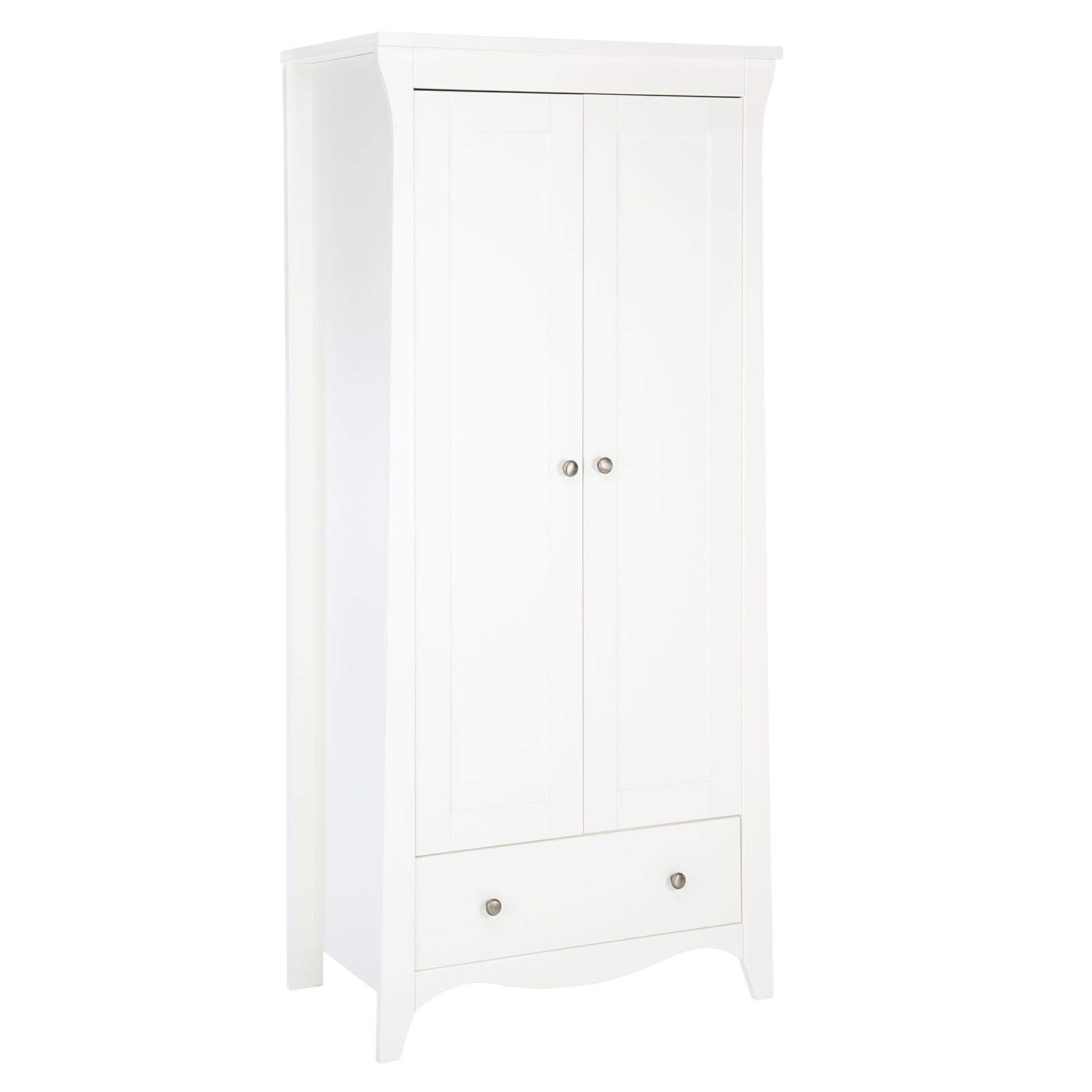 CuddleCo Two Door Hinges Clara Classic Wardrobe with Adjustable Hanging Rail, Interior Self and Large Base Drawer (85x180x50cm) (Stain White)