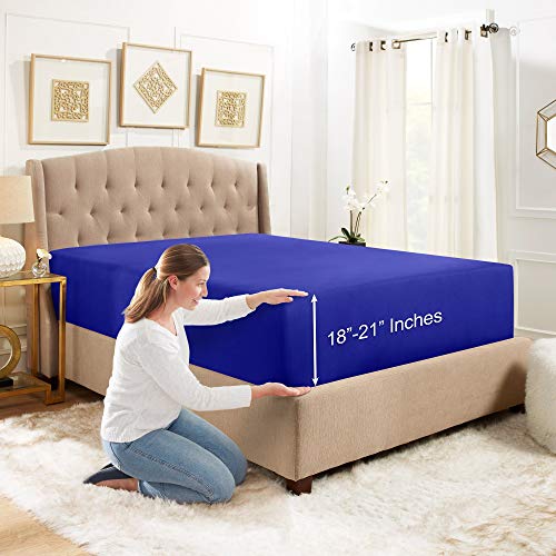 Empyrean Bedding Queen Fitted Sheet Only Deep Pocket - Queen Sheets Deep Pocket Fits 18-21 Inch Bed - Extra Deep Pocket Queen Fitted Sheet - Deep Pocket Fitted Sheet That Holds On Tight - Royal Blue