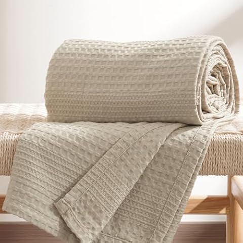 David's Home Cozy Waffle Weave Blanket King Size, Ultra Soft Breathable Lightweight Skin-Friendly Throw for Summer, Elegant Room Decor for Couch Bed Sofa Car Travel, Natural Cover