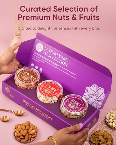 Image of Hyperfoods Rakhi Hamper for Brother 375g RawFruit Courtyard Collection Pack of 3 Dry Fruits Gift Box Rakhi Set of 2 DryFruits Gift Pack Dryfruit Box for Gift Dry Fruits Gift Hamper for Brother