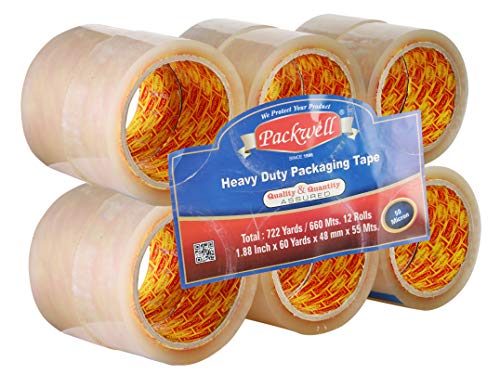 Clear Packing Tape (12 Rolls) Heavy Duty Transparent Tape for Shipping | Packaging Moving Sealing | 50 Micron, 60.15 Yards x 2'' Inches, BOPP Plastic Material Carton Office and Industrial Storage