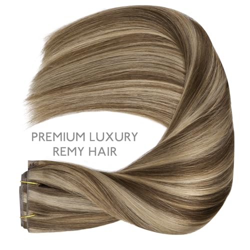 Image of WENNALIFE Invisi Edge Clip in Hair Extensions Real Human Hair, 22 Inch 150g 7pcs Balayage Chocolate Brown to Caramel Blonde Seamless Clip in Extensions Remy Hair Clip Ins Invisible PU Skin Weft Straig