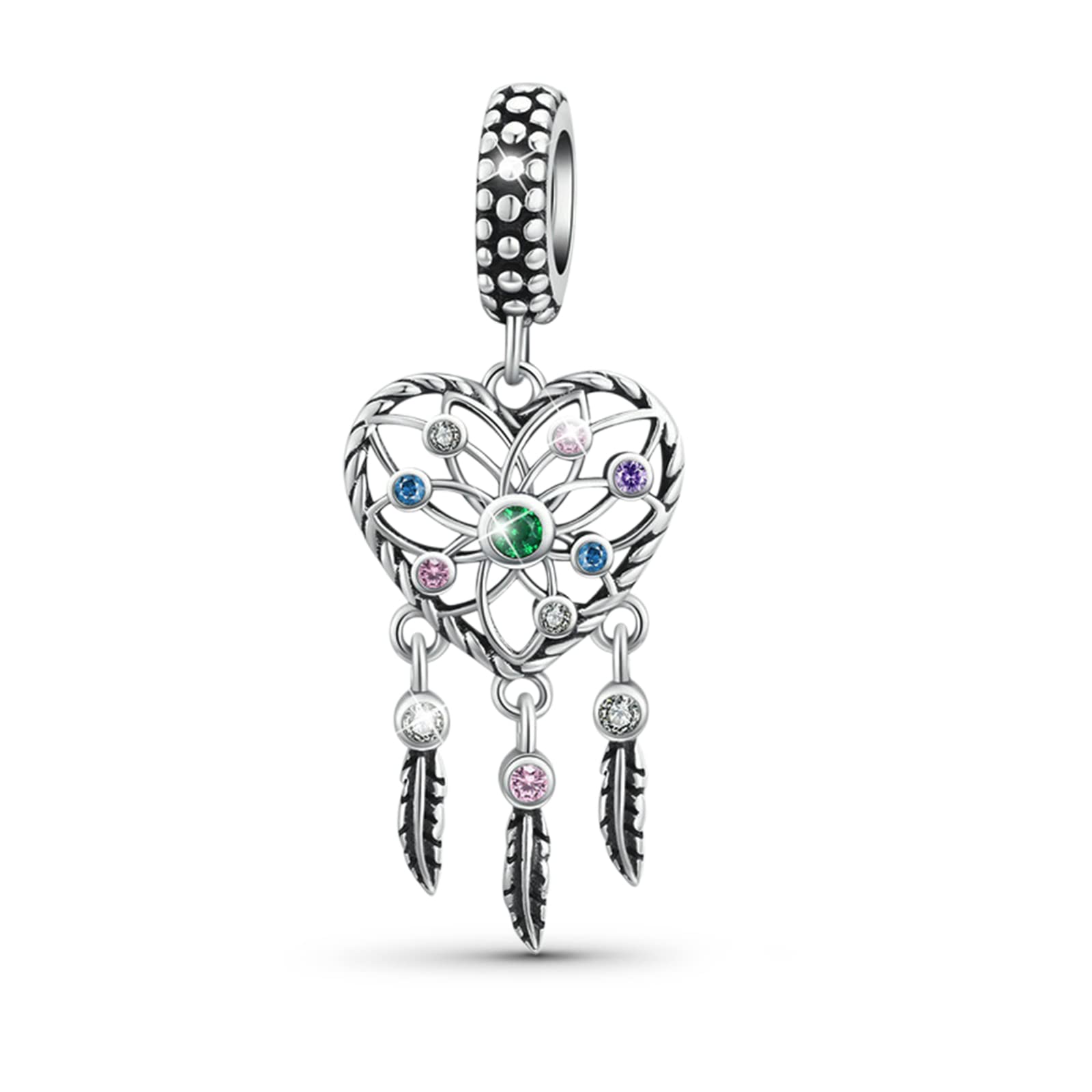 GNOCELovely Family Charm Bead Sterling Silver Heart Shape Charm Jewelry Gift For Women Wife Fit Bracelets/Necklace For Mother's Day Gift (Colorful Dreamcatcher)