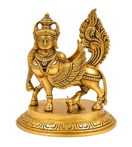 Image of 6-Inch Brass Kamdhenu Cow with Calf Statue - Traditional Sacred Wish-Fulfilling Surabhi Gaumata Murti for Home Temple Mandir, Living Room, and Office Decor - Weight 1350 Grams