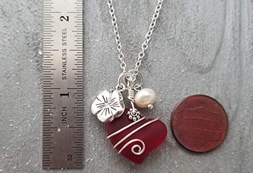 Hawaii Jewelry, Ruby Red Heart Sea Glass with designer wire wrap, HIbiscus and Freshwater pearl charms,"July Birthstone", (Hawaii Gift Wrapped, Customizable Gift Message)
