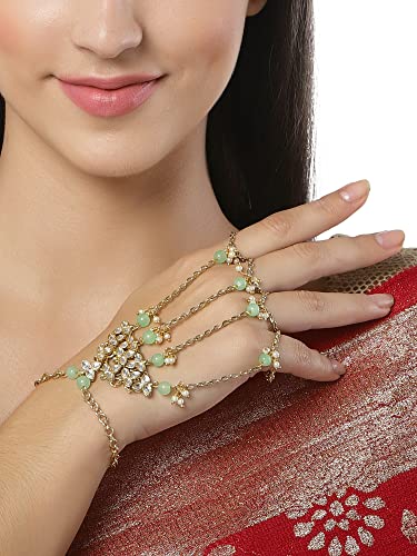 Image of Karatcart Gold Plated Baby Pink Pearl Chain Kundan Hathphool