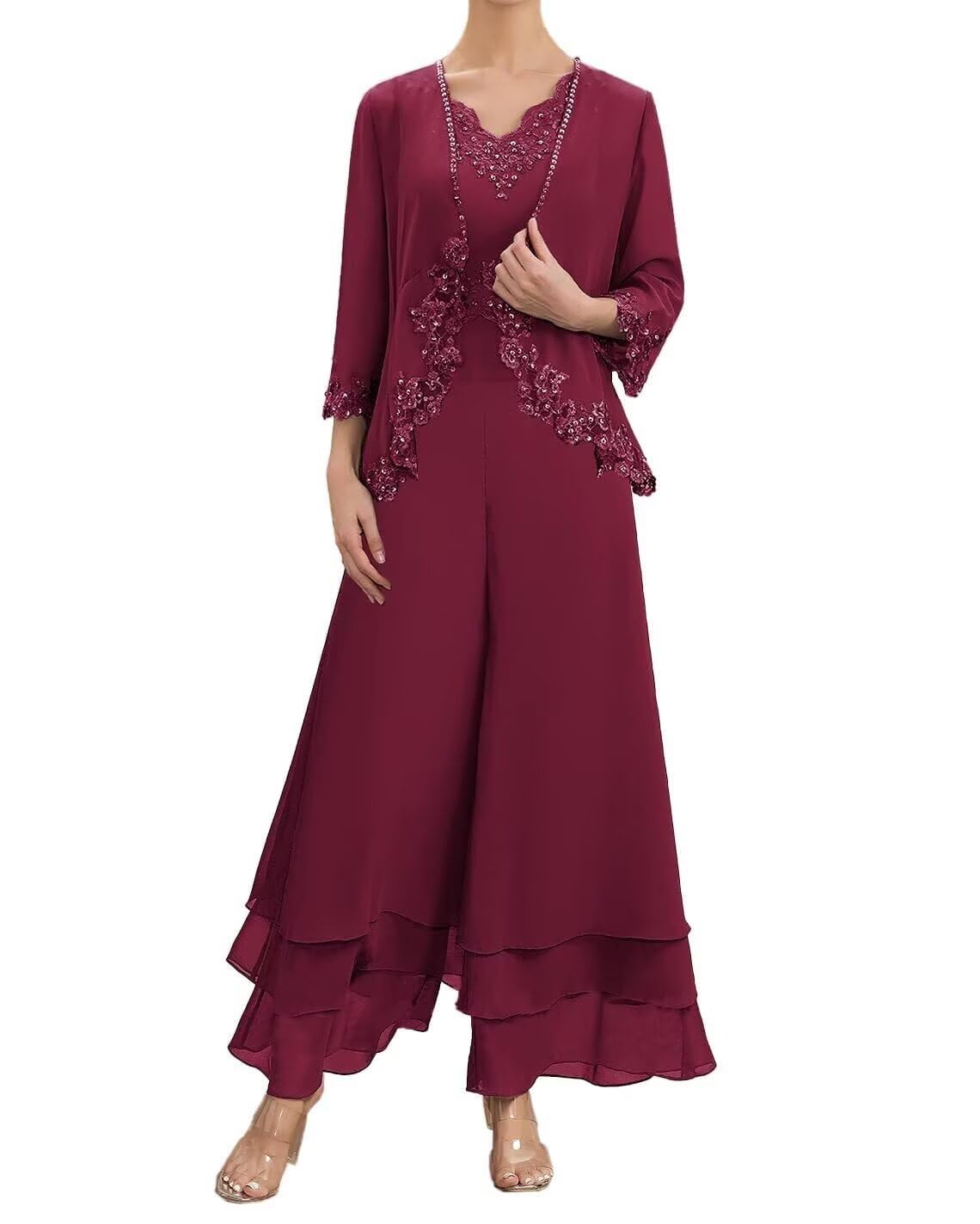 Womens 2 Pieces Mother of Bride Pant Suits Chiffon Lace Appliques Long Sleeve Formal Wedding Guest Dress with