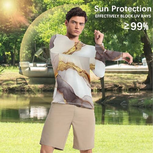 Marble White Brown Men's Rash Guard Shirts Loose Type Round Neck Sun Protection Long Sleeve Running4
