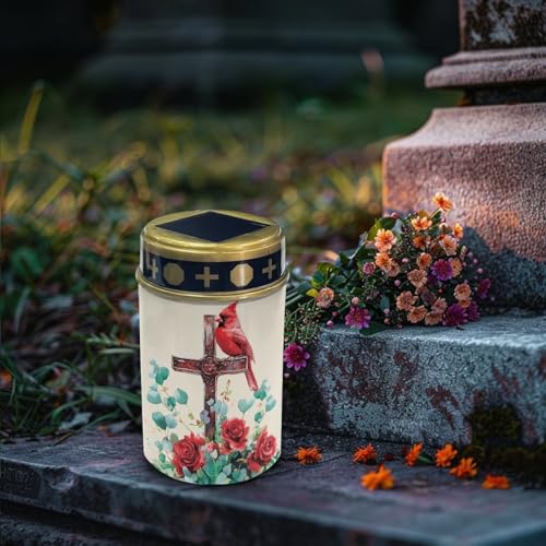 Image of Cardinal Bird Cross Rose Solar Grave Lights for Cemetery Flameless Solar Powered Light for Prayer Waterproof Cemetery Solar Lights for Grave Cemetery Decor