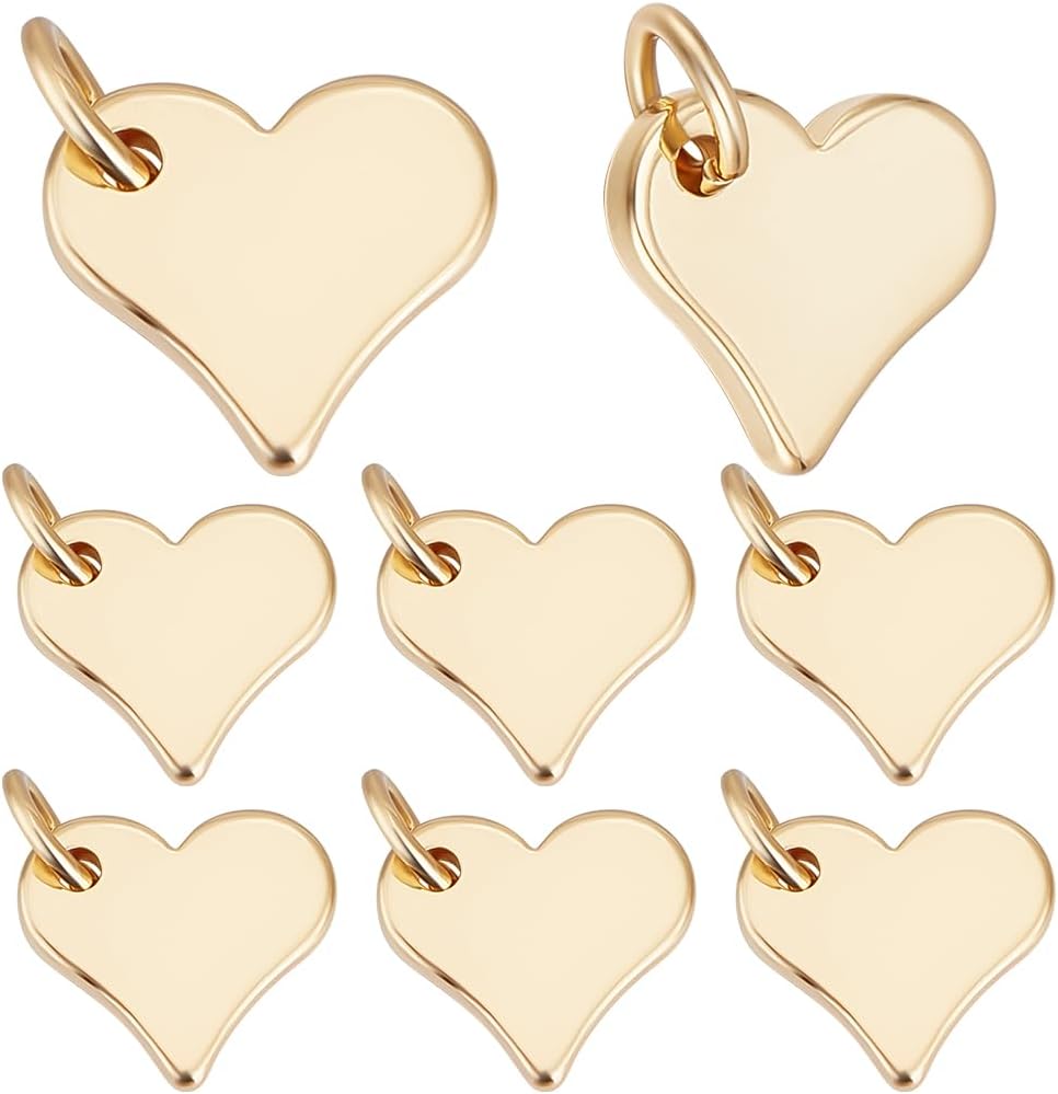 Beebeecraft 1 Box 20Pcs Flat Heart Charms 18K Gold Plated with Jump Ring Blank Heart Tag Charm for Jewelry Making DIY Crafts, Small 0.4in