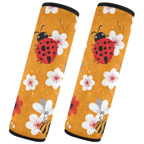 Image of Orange Sakura and Bees Seat Belt Cover Pad 2 Pcs Soft Cute Seatbelt Covers Protector Support Head Neck Shoulder Strap for Car Seats High Chair Backpack for Adults Kids Women Men 10x7.7In 2 Pack