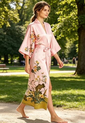 Image of Women's Classic 100% Silk Kimono Robe, Bathrobe-Printed Pattern