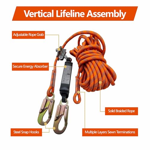 Image of Fall Protection Rope for Roofing Tree Climbing, 25ft Harness Safety Lanyard, Vertical Rope with Grab Snap Hooks Shock Absorber Safety Equipment Orange