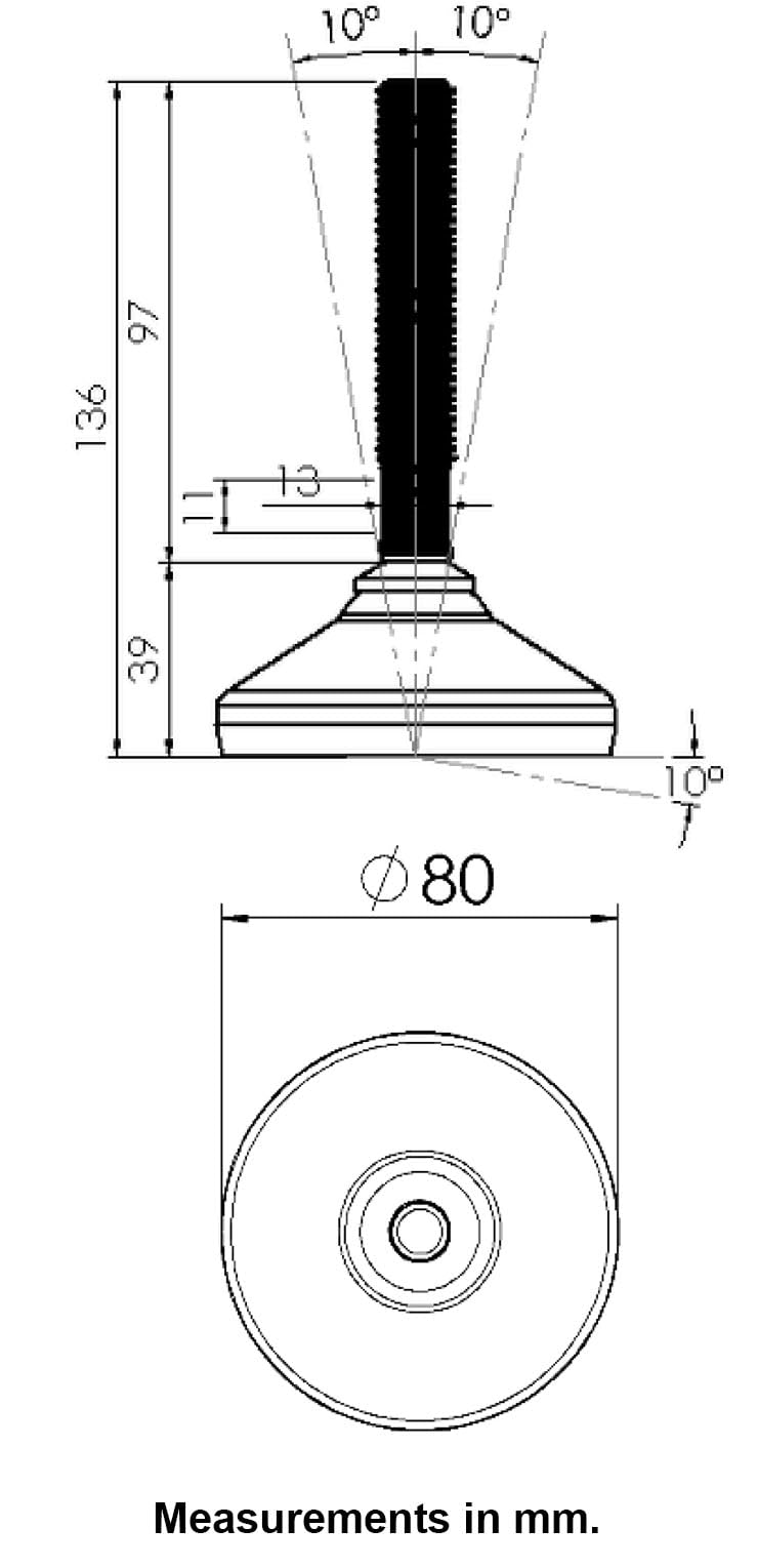 Pie de nivelación inoxidable 16x100x80mm base y almohadilla antivibración 1500kg-Set de 4