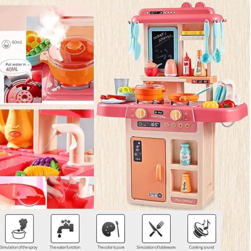 Image of Kitchen Play Set for Kids with Running Water Sink, Steam Cooking Stove, Sound & Light Effects, Refrigerator Storage, Writing Board, 42 Accessories Pretend Play Cooking Toy for Boys & Girls
