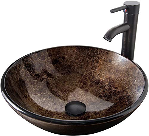 ELECWISH Bathroom Vessel Sink with Faucet Mounting Ring and Pop Up Drain 16.5 Inch Tempered Glass Basin (Brown)