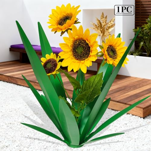 DDQ Metal Agave Plant Outdoor Decor with Artificial Flowers Mexican Style Garden Sculpture Waterproof Yard Art for Patio Lawn Flower Sunflower no Metal