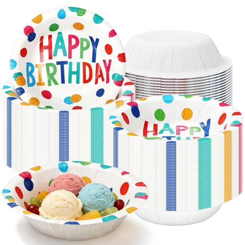 Whaline 50Pcs Birthday Paper Bowls Disposable Serving Bowl Colorful Happy Birthday Dot Salad Dessert...