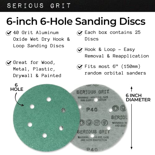 Serious Grit - 6-Inch 6-Hole 40 Grit Sanding Discs - Heavy-Duty Hook & Loop Film Discs - Sandpaper for Random Orbital Sanders - 25 Pack Box - Thumbnail 3