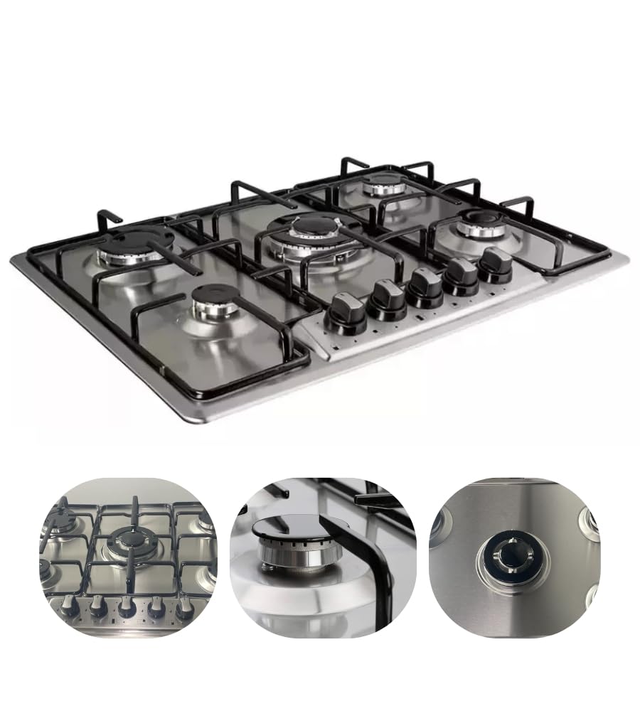 Piano Cottura Vetro 5 fuochi, Piano Cottura Gas da Incasso, 75 cm, Griglia Professionale in Ghisa Robusta, Vetroceramica, Dispositivo di Sicurezza alla fiamma FFD, Manopole di Controllo, C7-​50BTF